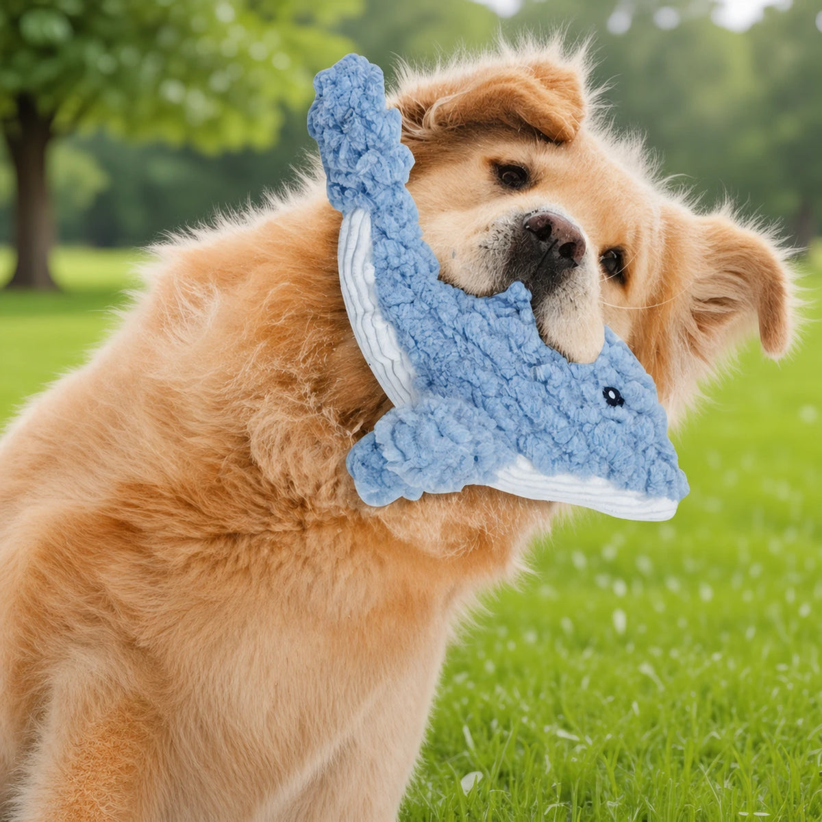 DEARPET chenille animal squeaky dog toy - dog playing with toy 1