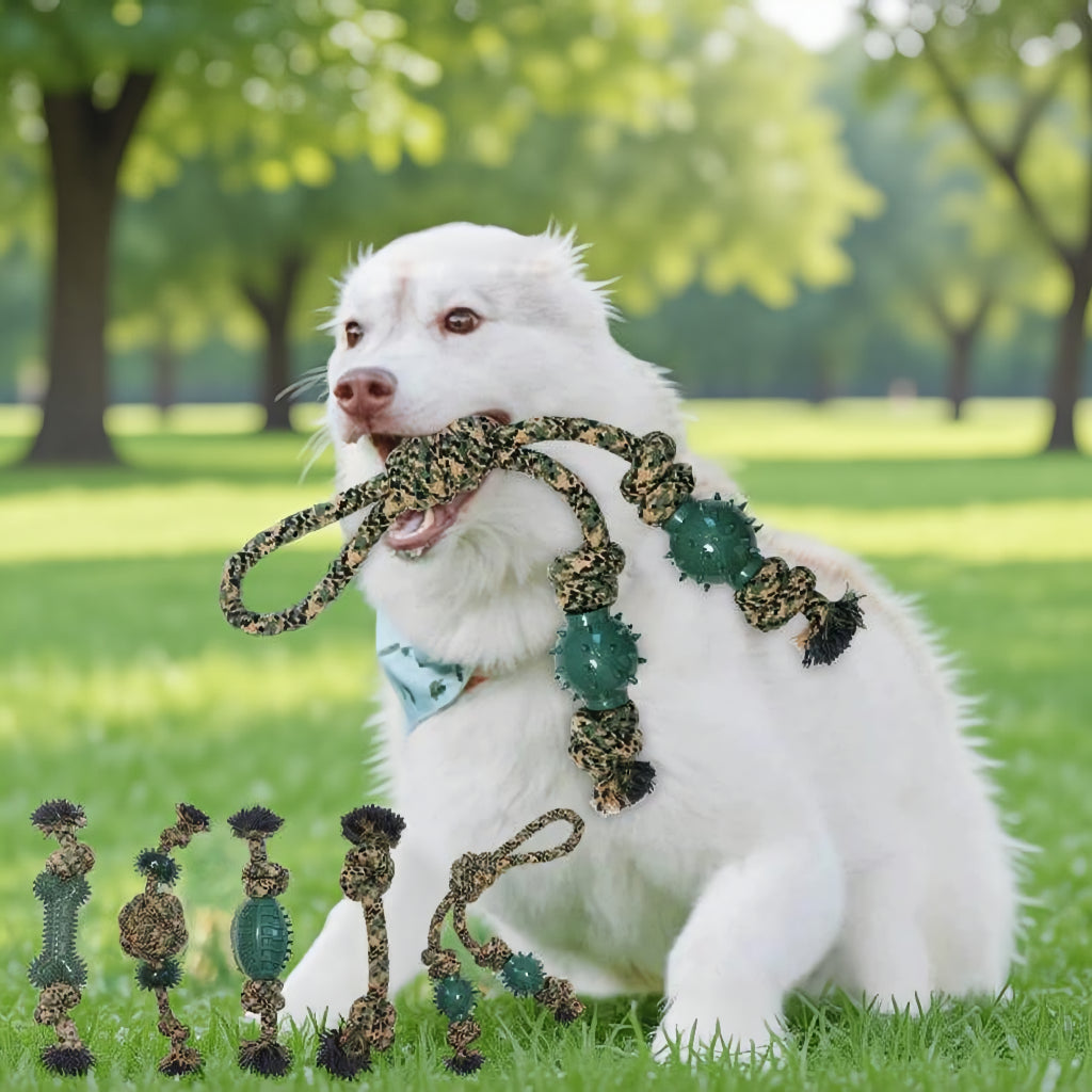 DEARPET camouflage cotton rope tug dog toy - dog playing with toy 2