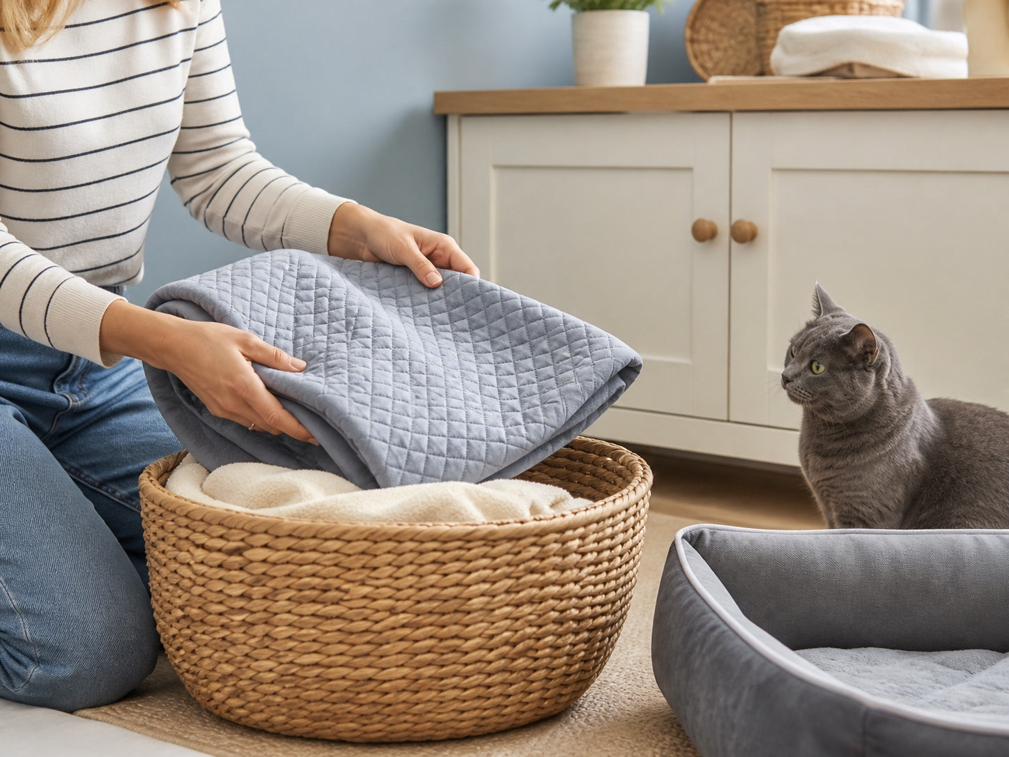A clean quilted pet bed cover being folded beside a laundry basket