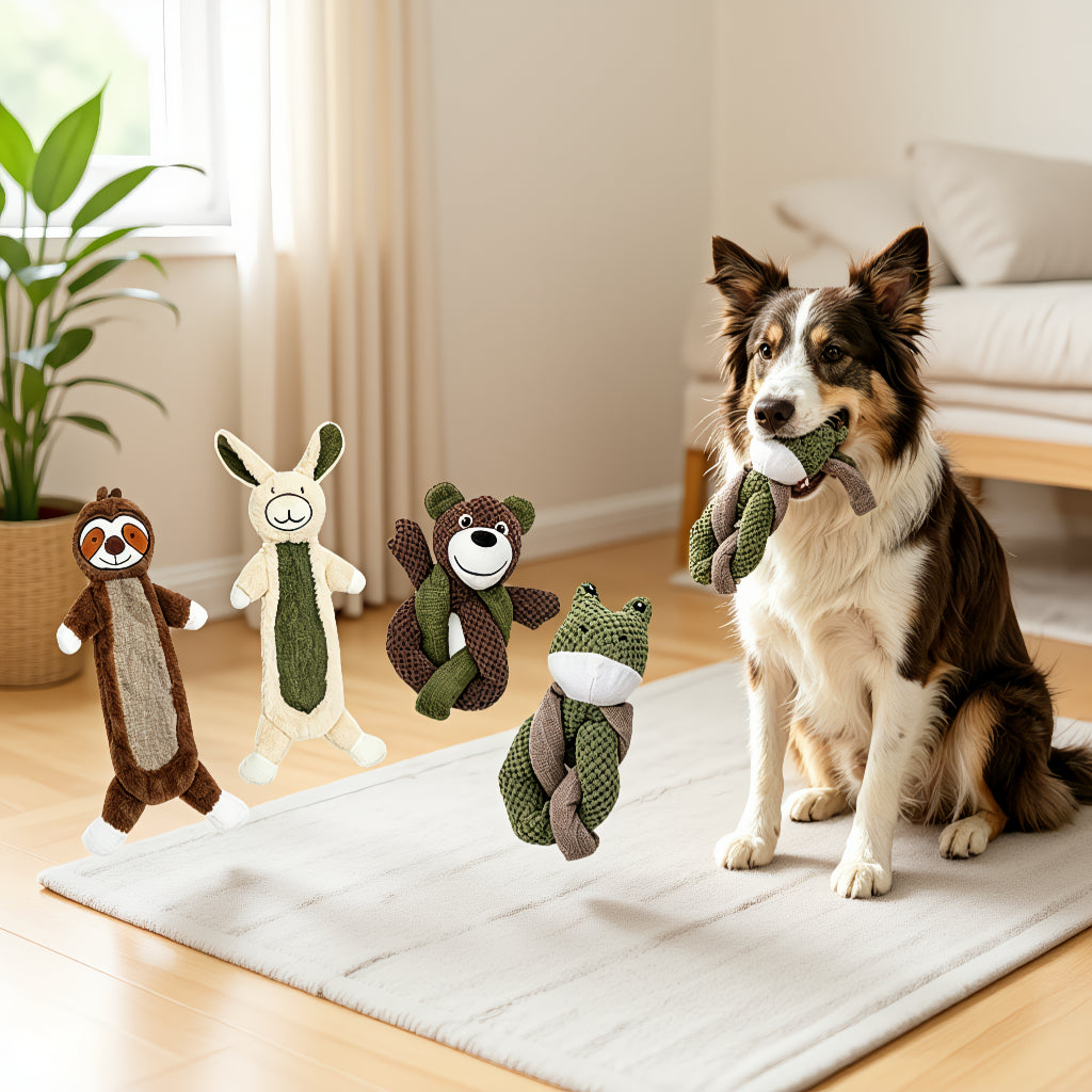 DEARPET faux-fur-style plush squeaky dog toy - dog playing with toy 1