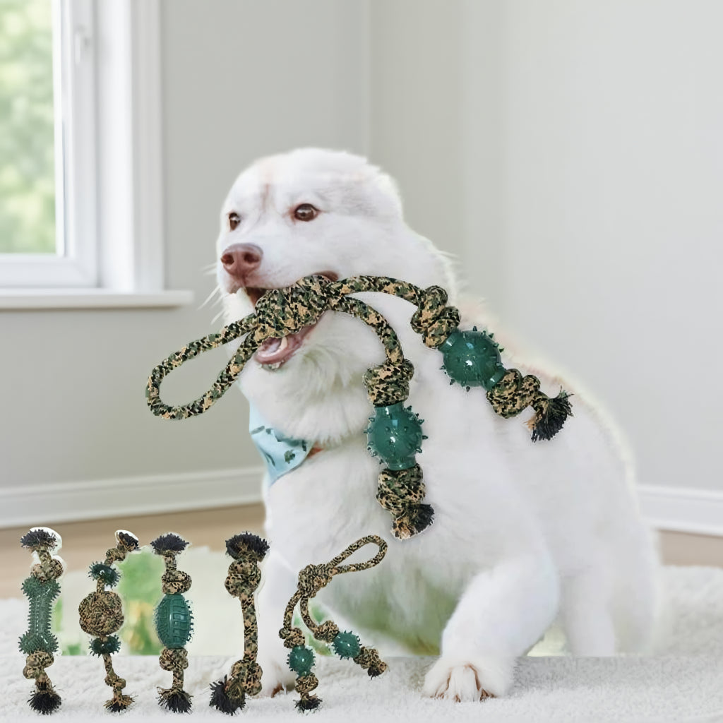 DEARPET camouflage cotton rope tug dog toy - dog playing with toy 1