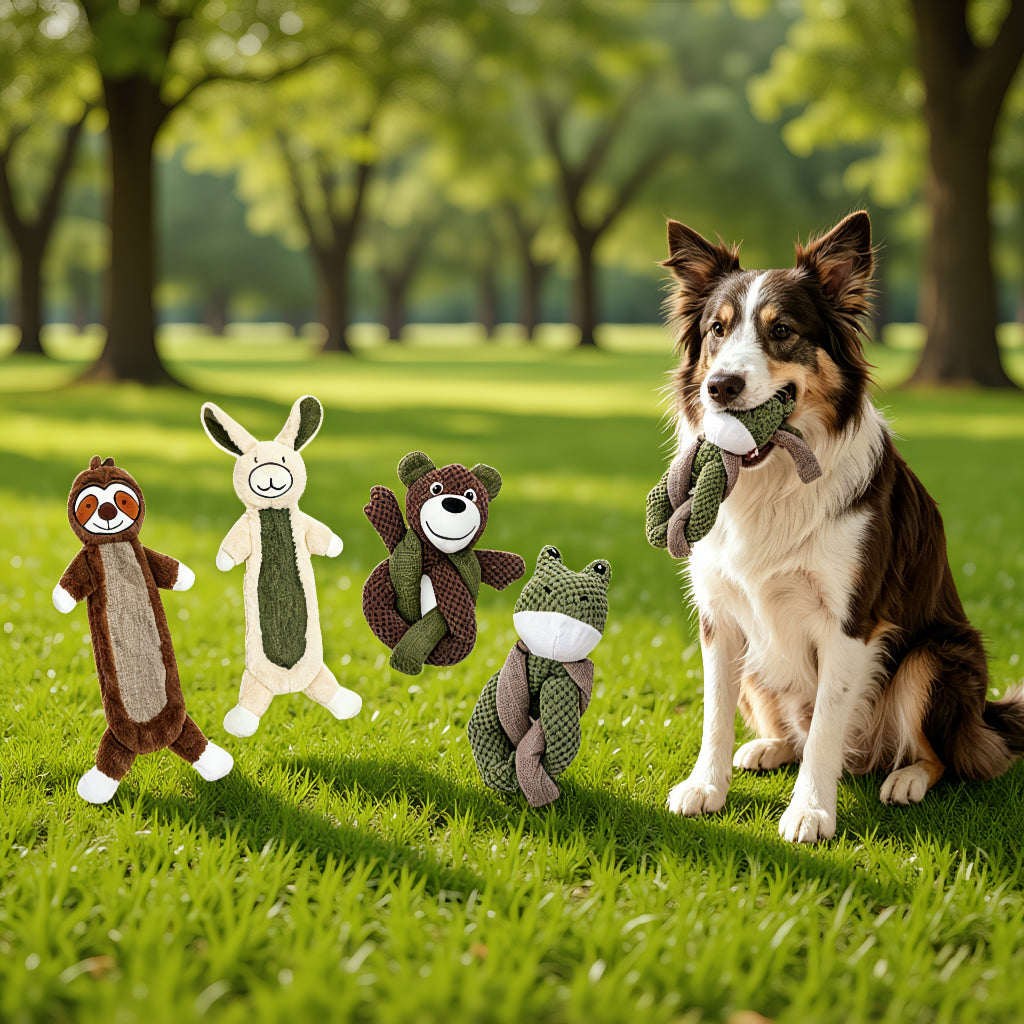 DEARPET faux-fur-style plush squeaky dog toy - dog playing with toy 2