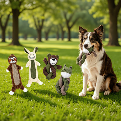 DEARPET faux-fur-style plush squeaky dog toy - dog playing with toy 2