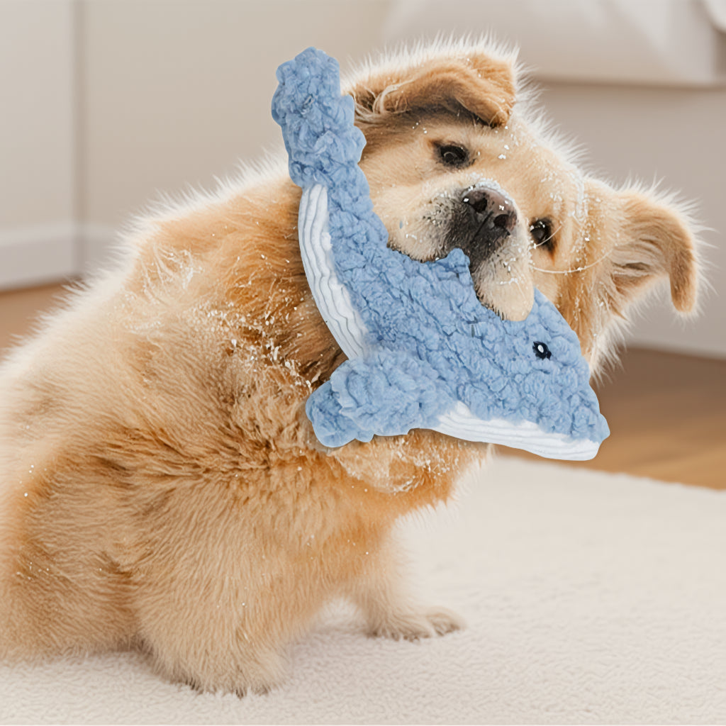 DEARPET chenille animal squeaky dog toy - dog playing with toy 2