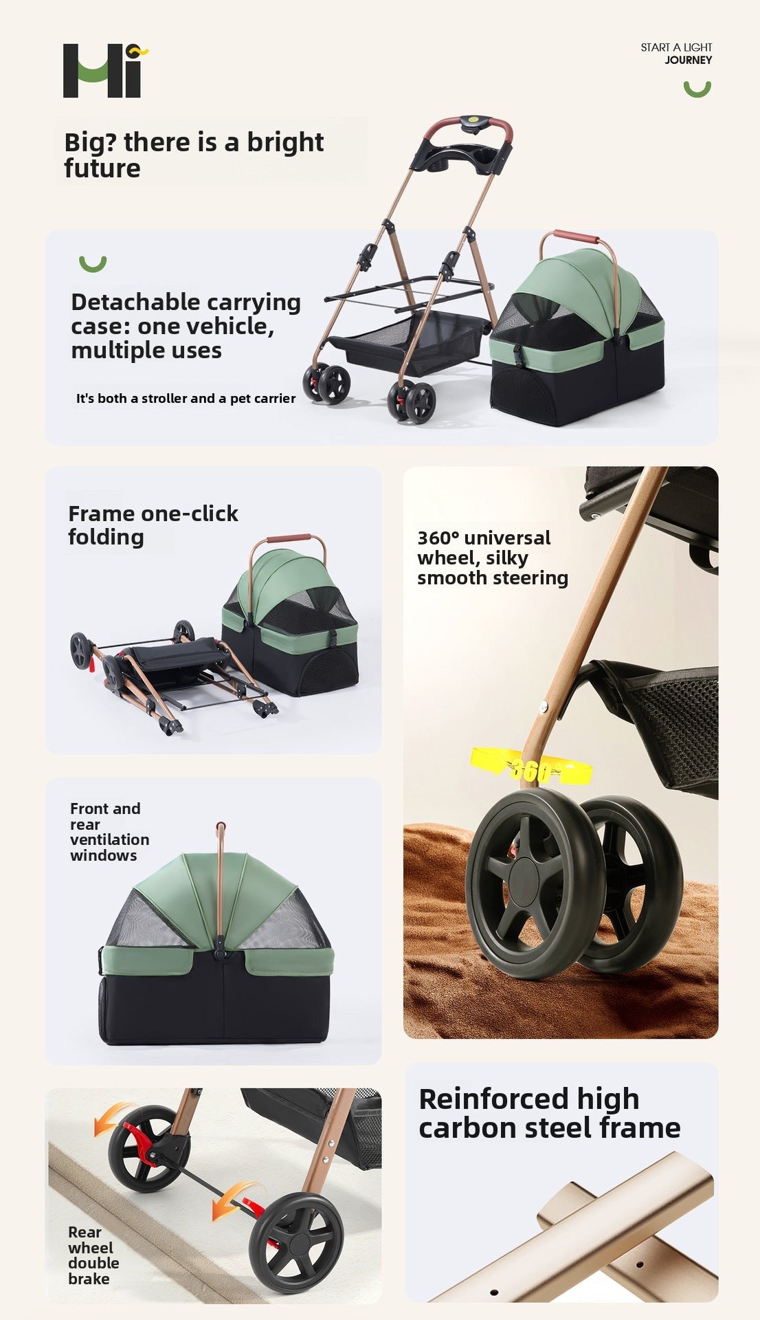Foldable Pet Stroller with Detachable Carrier