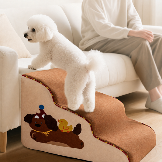 dearpet compact three-step pet stairs beside a sofa