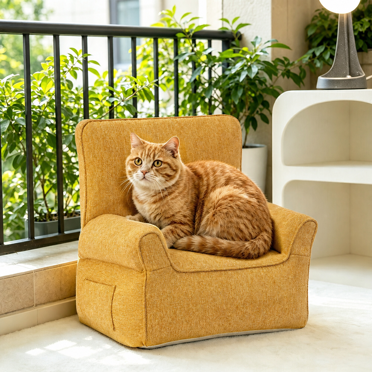 dearpet mustard inflatable pet sofa with an orange cat