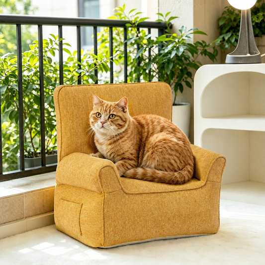 dearpet mustard inflatable pet sofa with an orange cat