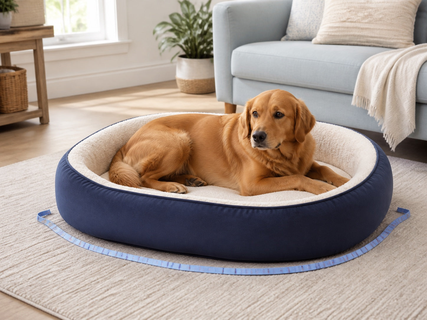 A dog resting in a pet bed with a measuring tape around its outside edge