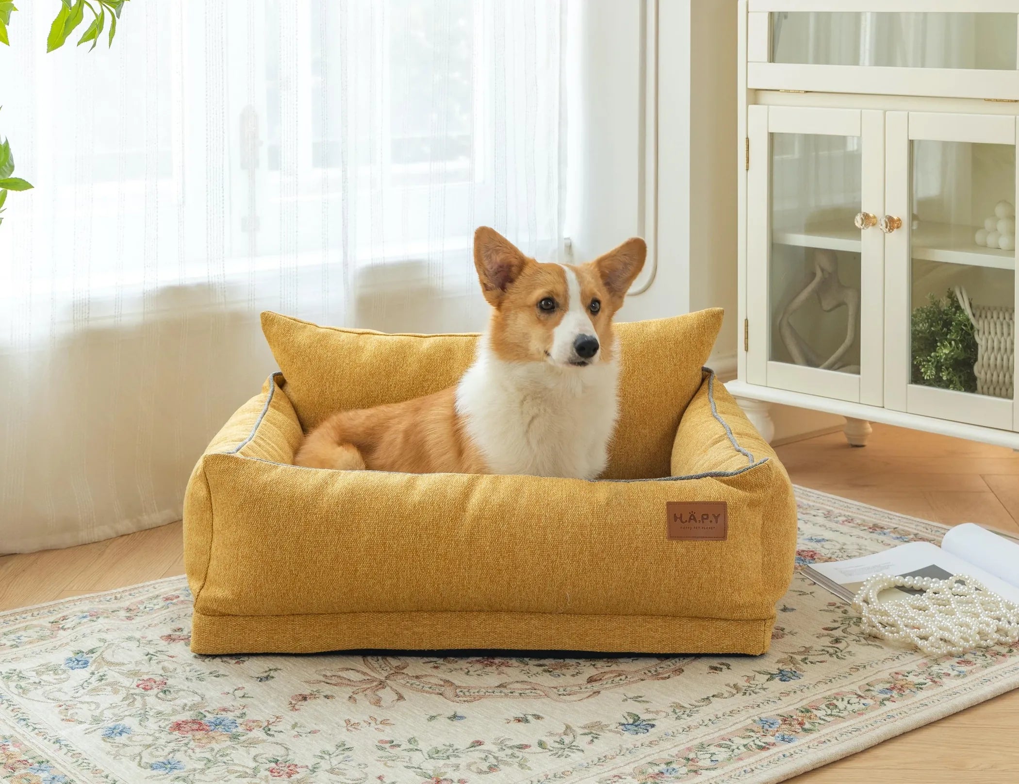 Dog resting in a yellow DearPet bolster bed in a bright living room