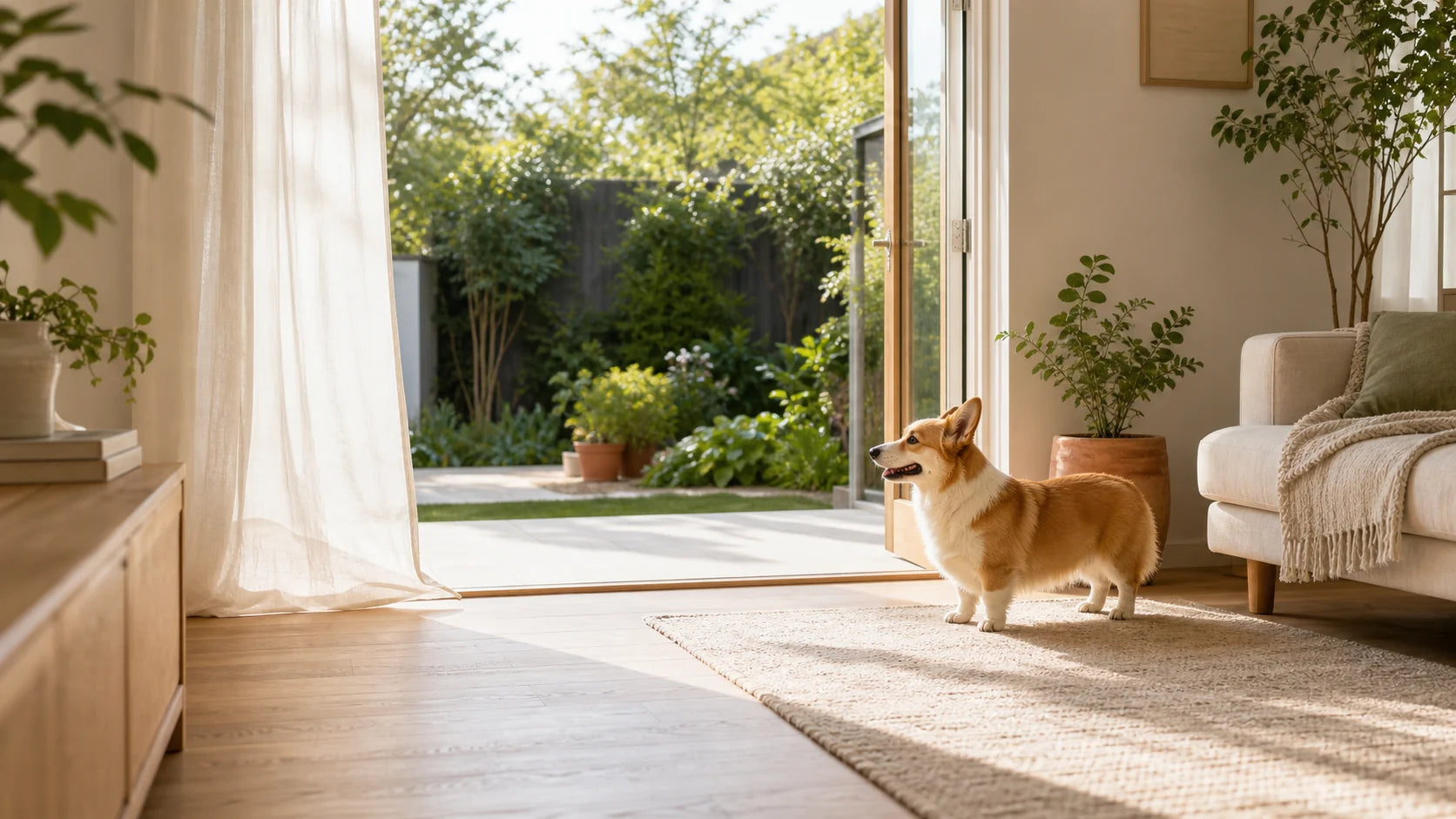 Corgi enjoying morning light in an open living room beside a green garden