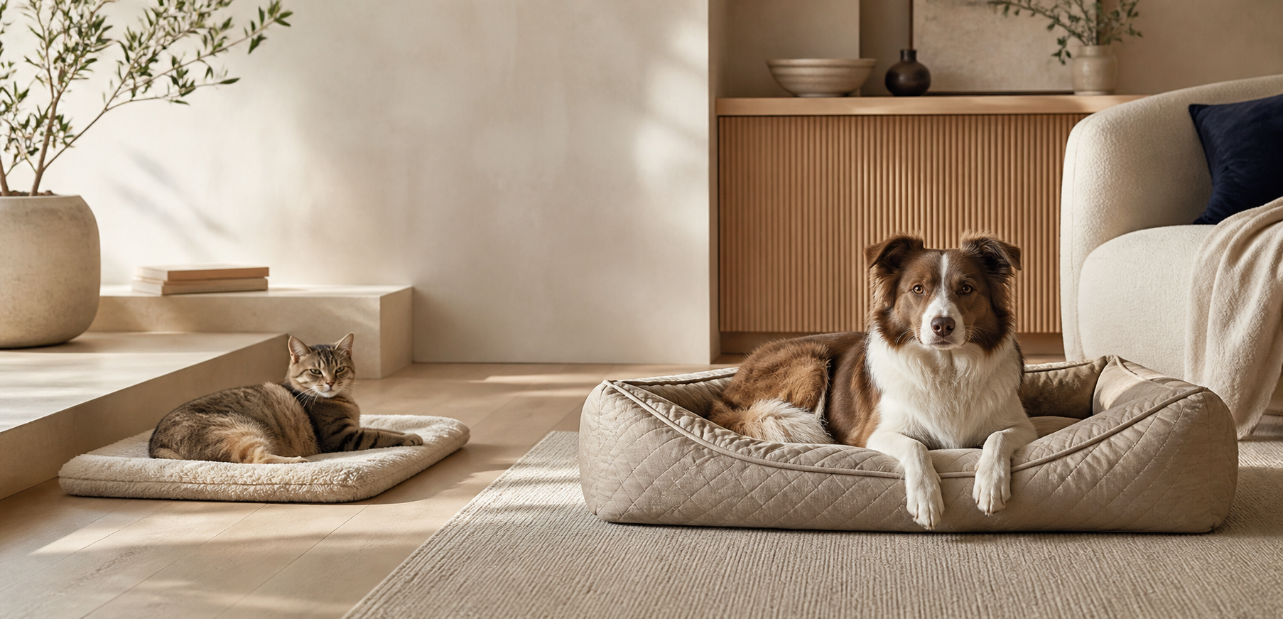 A dog and cat resting on quilted pet beds in a warm contemporary home